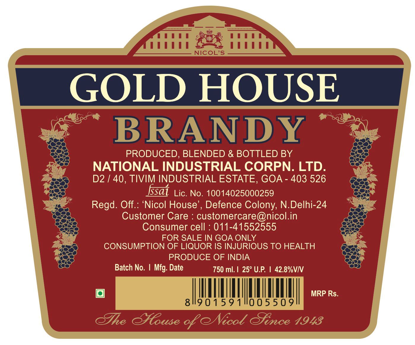 Nicol's Gold House Brandy (label) Device mark 3502546 Trademark