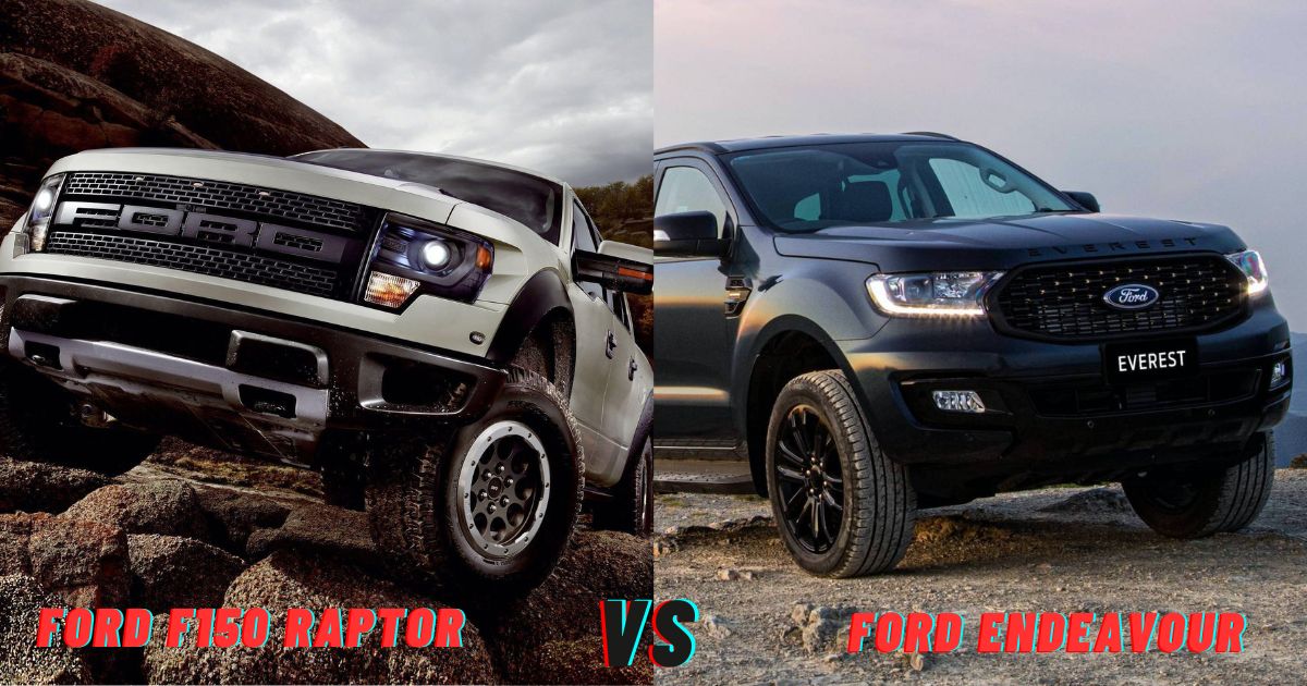 Ford F150 Raptor and Endeavour on rugged terrain.