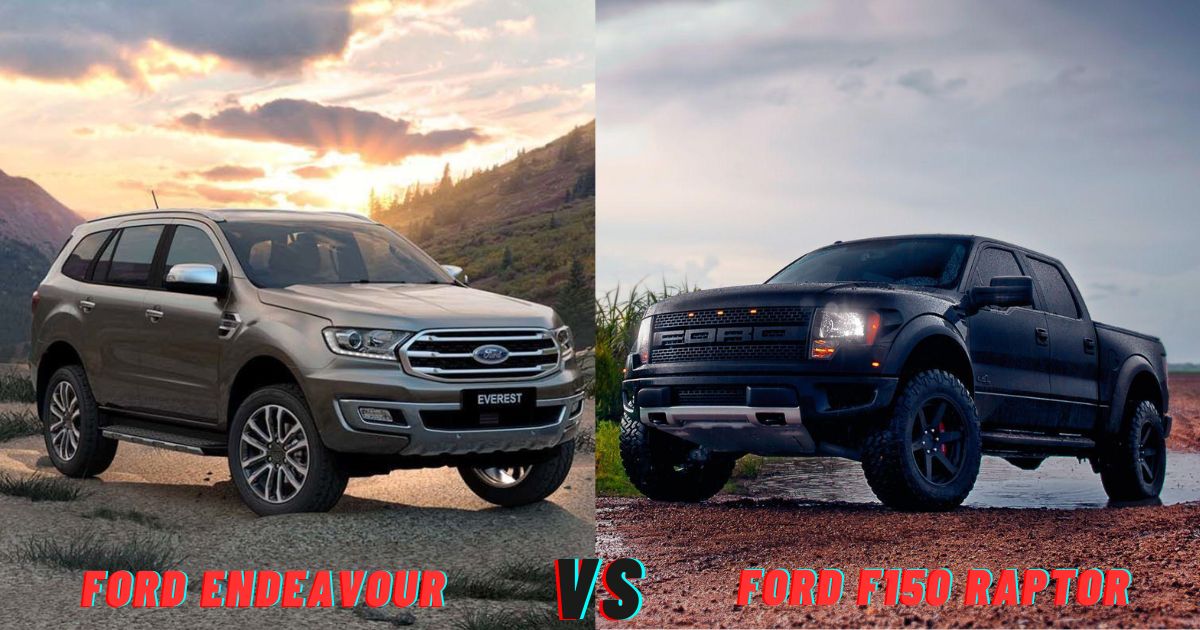 Ford F150 Raptor and Endeavour on rugged terrain.