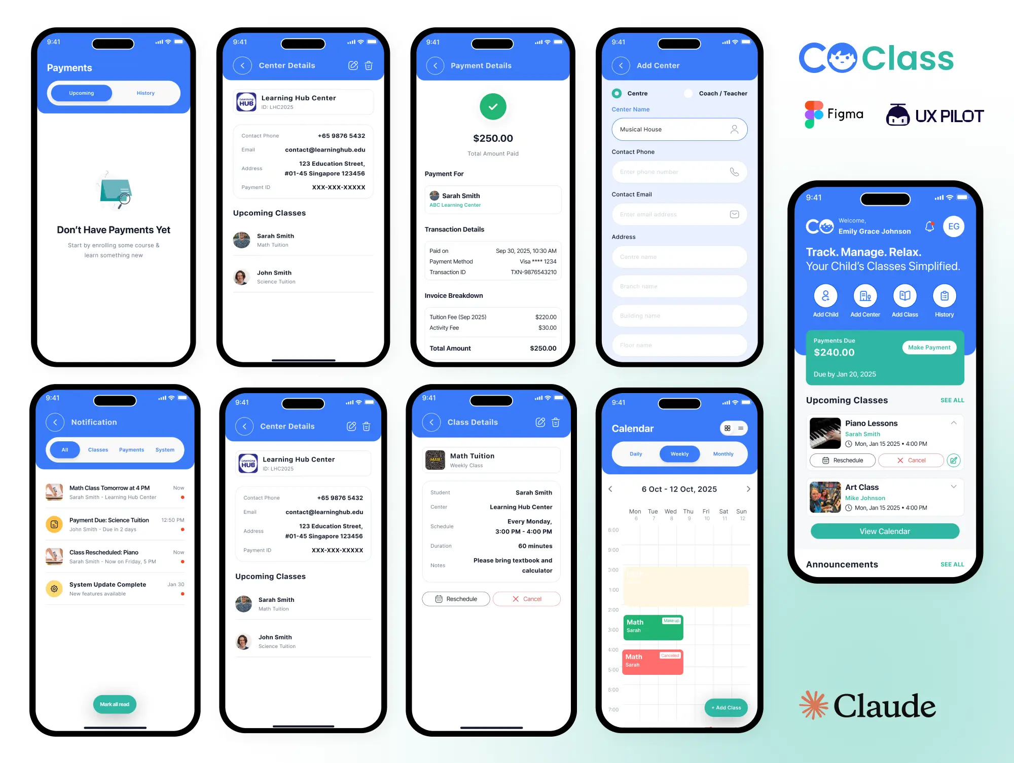 CoClass class scheduling and payment app screens on mobile