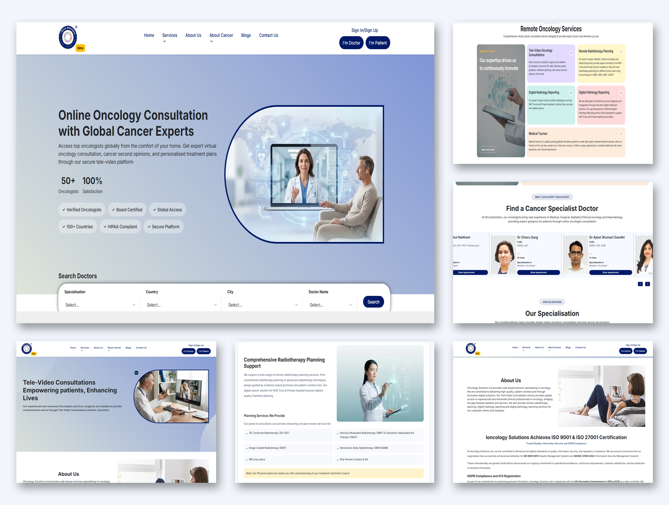 iOnco Solutions teleconsultation platform screens on web