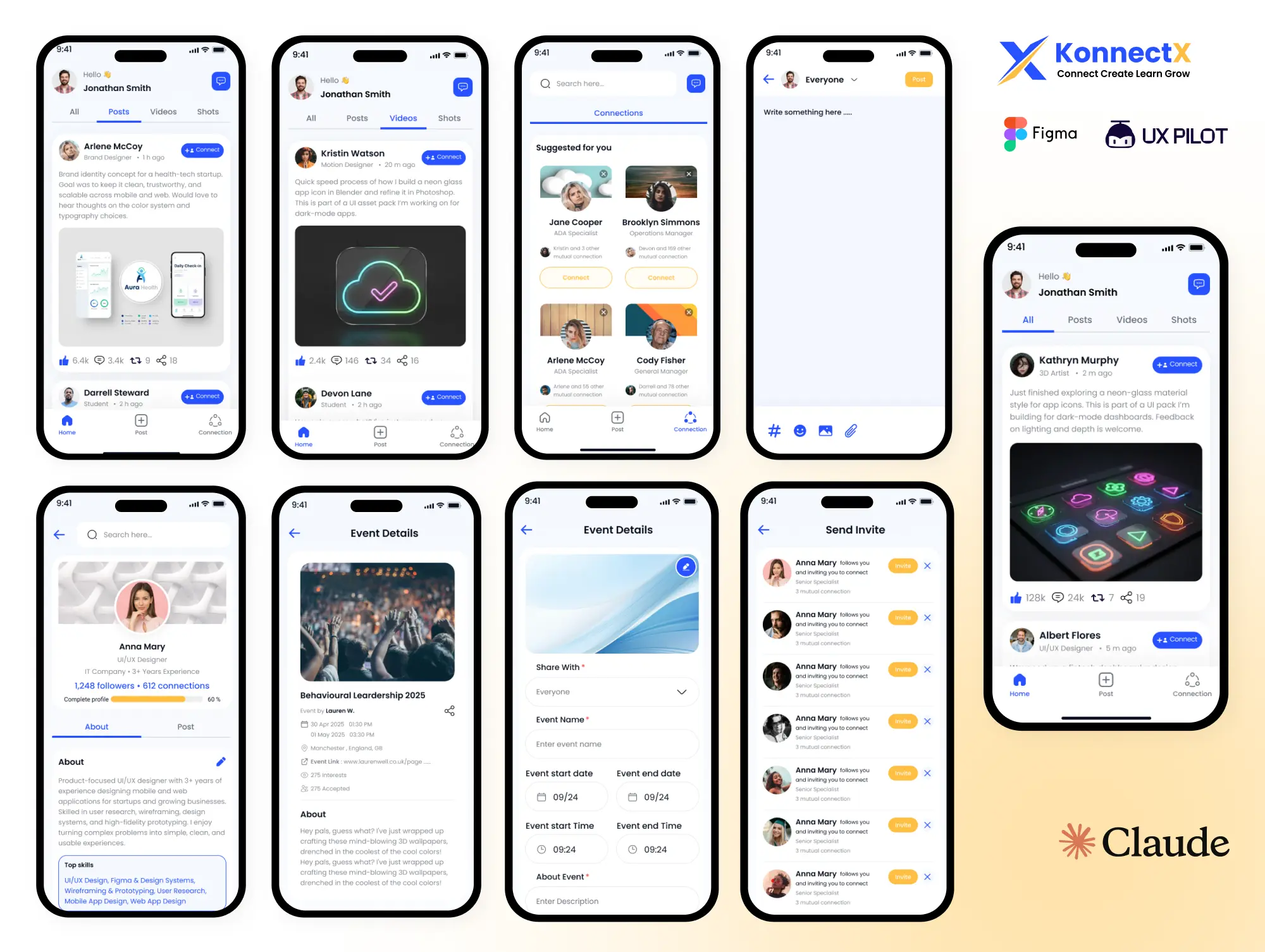 KonnectX Student Network app screens on mobile