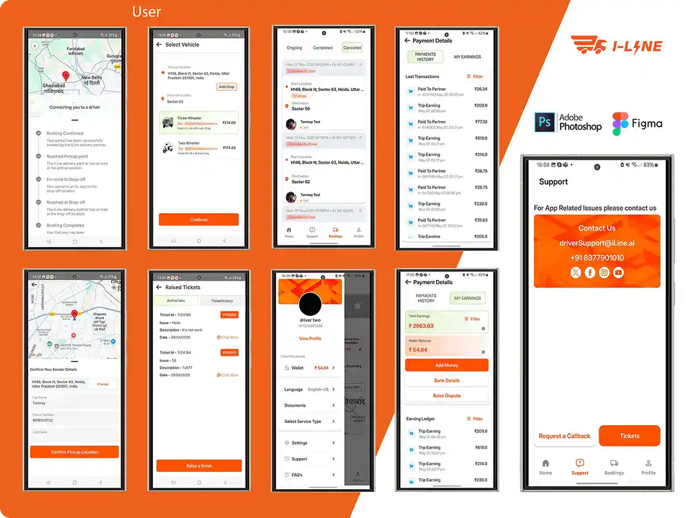 iLine logistics and delivery tracking app interface