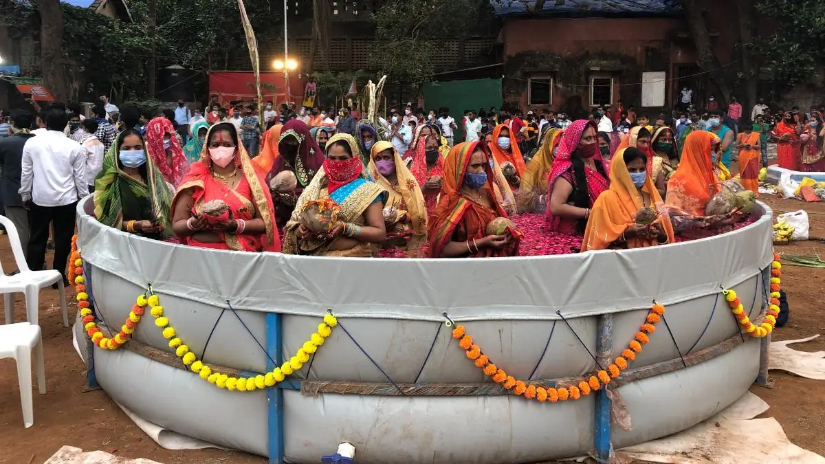 Artificial pond arrangement for Chhath Puja rituals