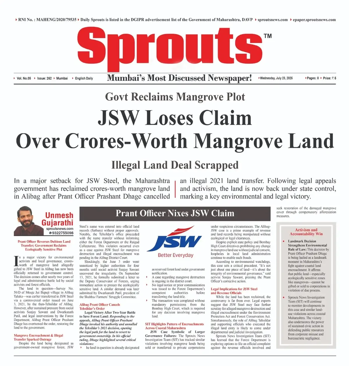 JSW’s Claim Over Crores‑Worth Alibag Mangrove Land Overturned.
