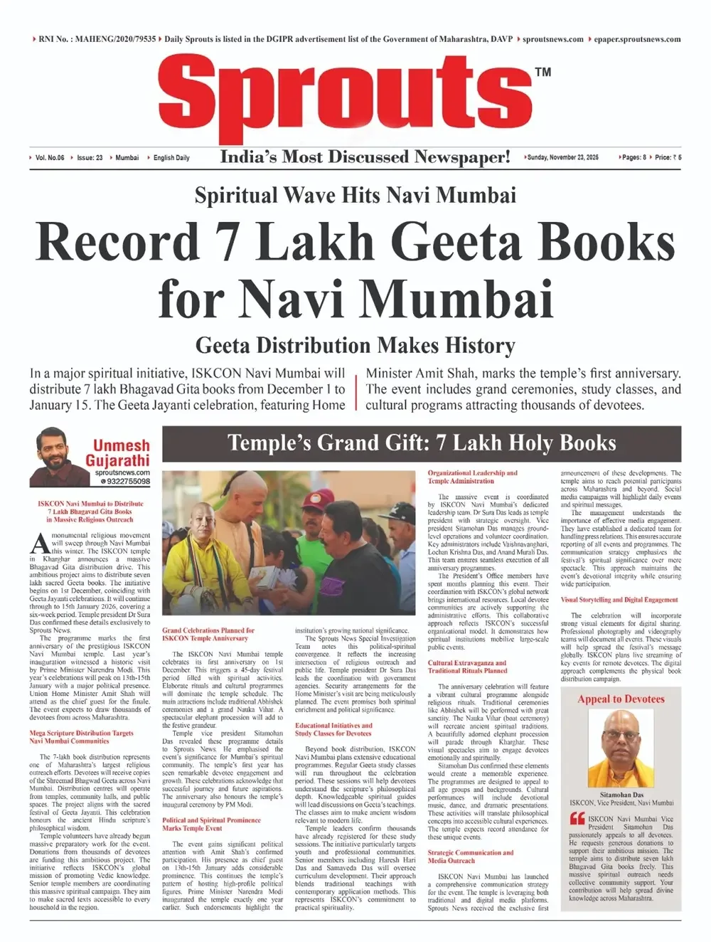 Geeta Jayanti 2025 ISKCON Navi Mumbai Begins Historic Book Distribution Drive.