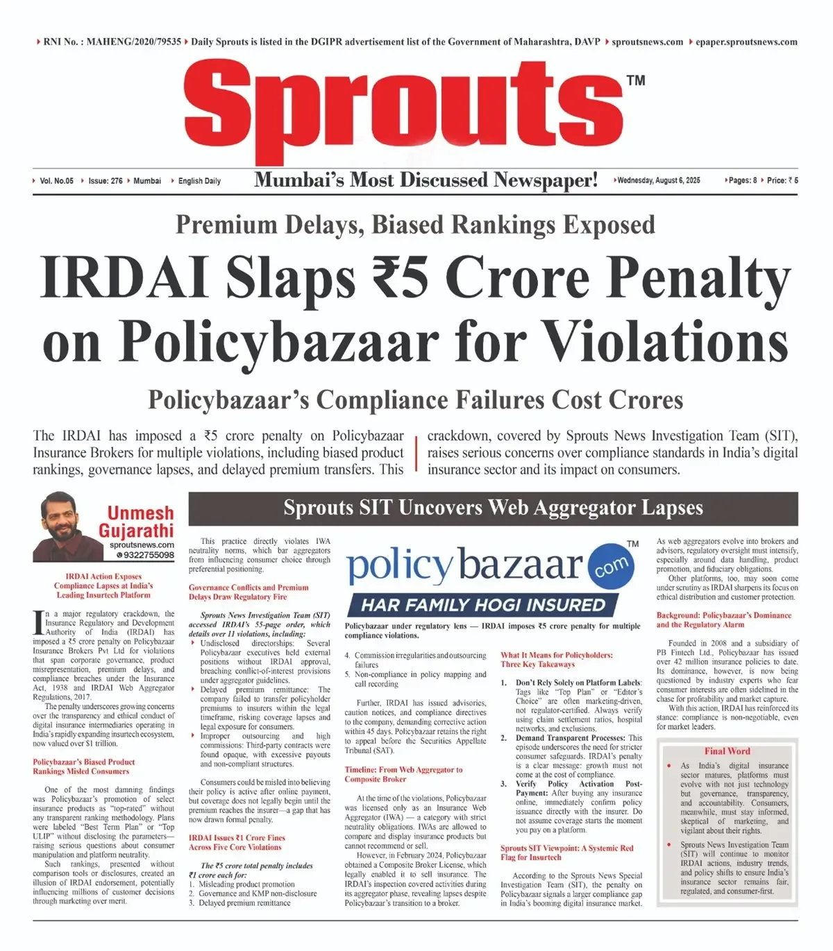 IRDAI Slaps ₹5 Crore Penalty on Policybazaar for Breaches.