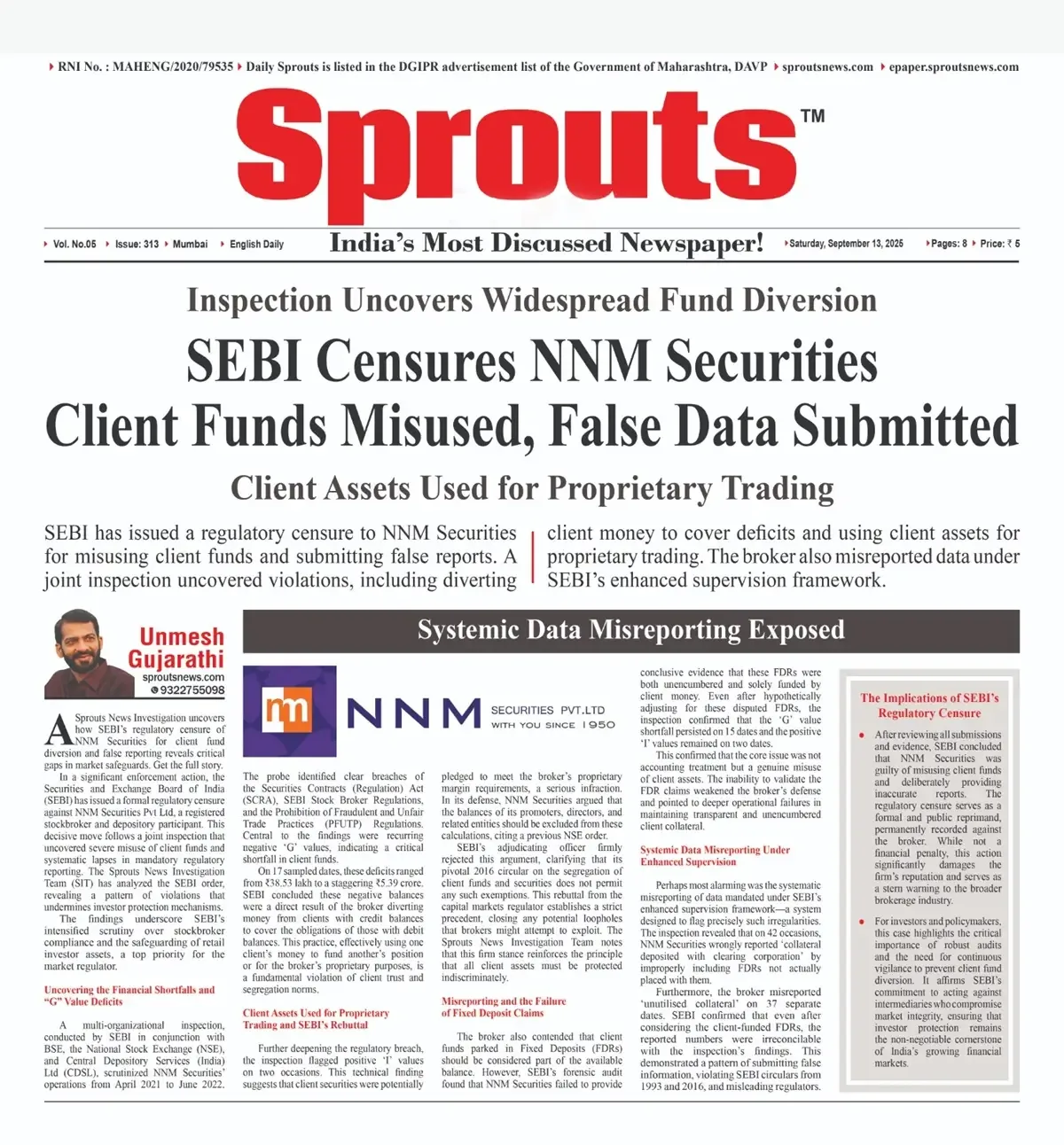 SEBI Censure on NNM Securities Exposes Client Fund Misuse and False Reporting.