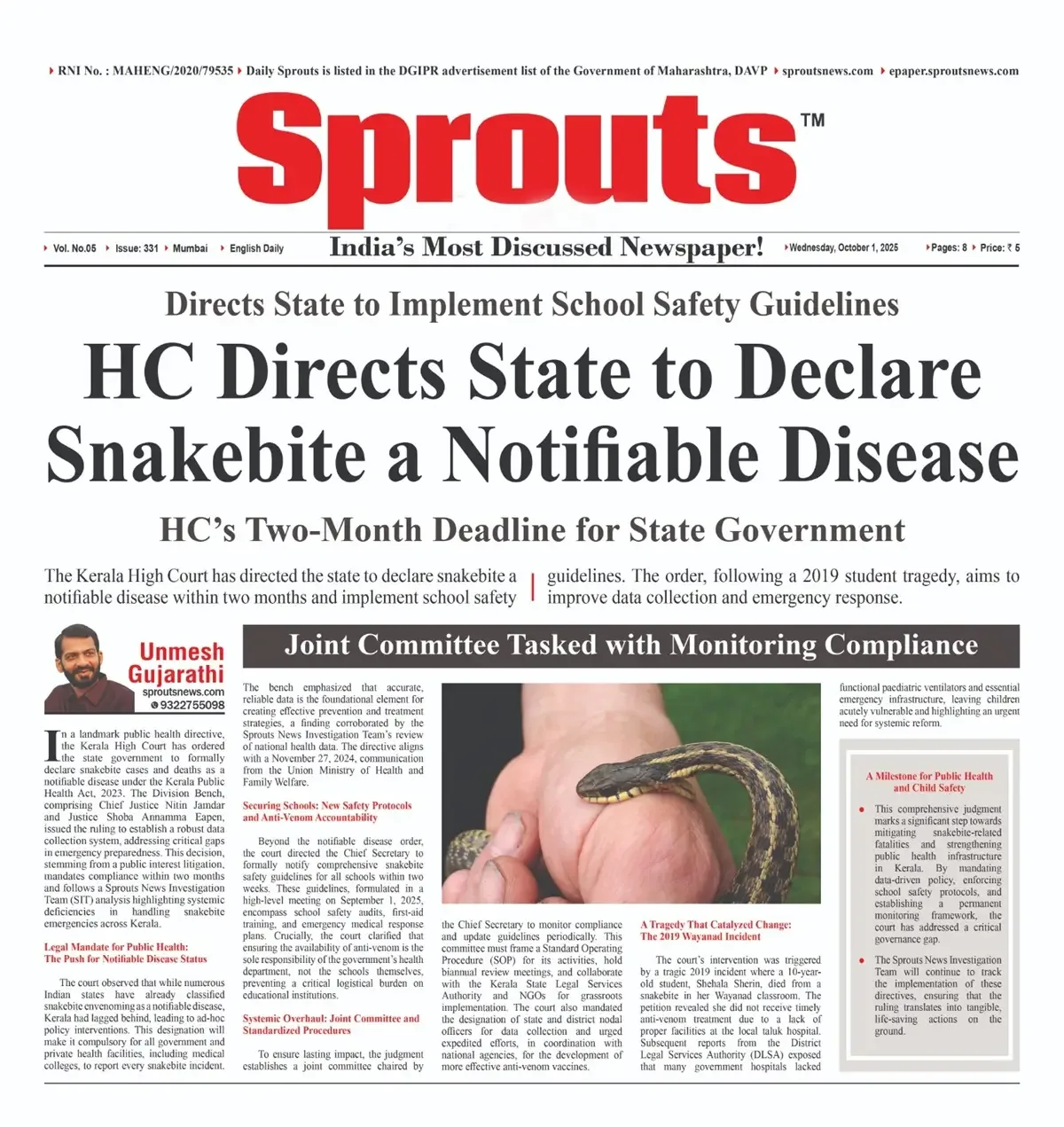 Snakebite Declared Notifiable Kerala HC Issues Landmark Ruling.