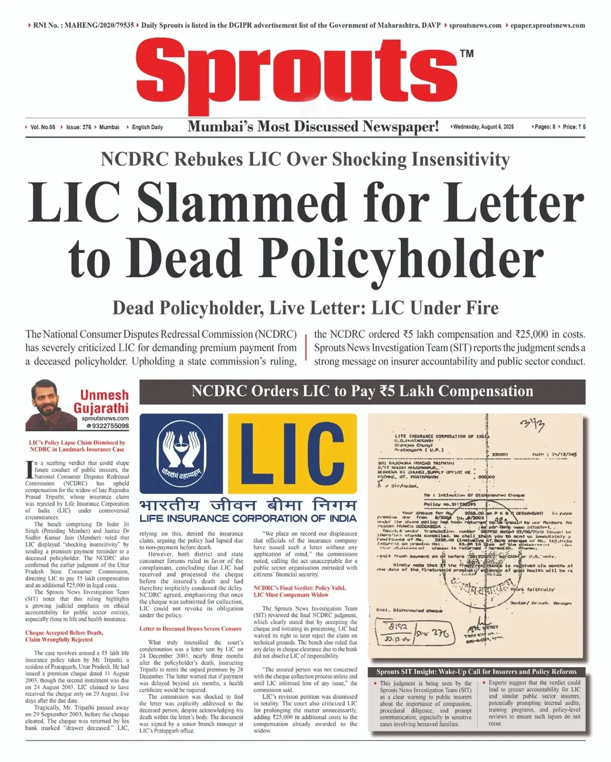 LIC slammed for insensitive letter to deceased policyholder.