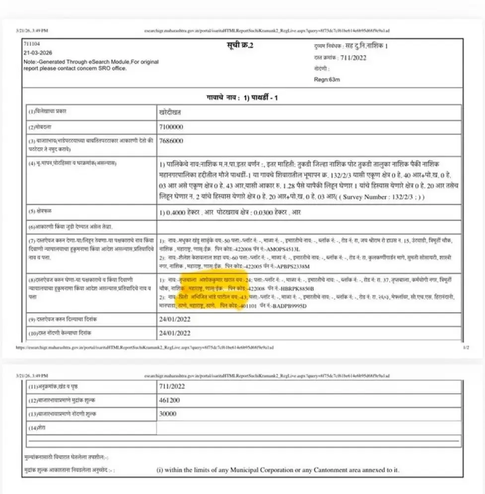 Land registration documents in Ashok Kharat Nashik property case